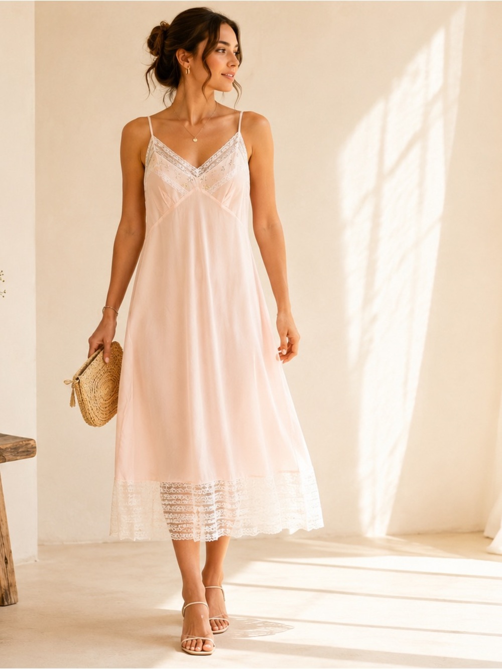 Vintage Nylon Lace Trim Midi Slip Dress Floral Embroidery Romantic Sz 5